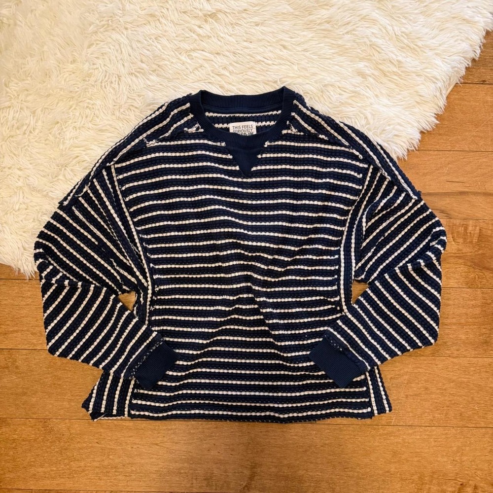 American Eagle Striped Waffle Knit Sweater Navy White XS Oversized Lived-In Vibe